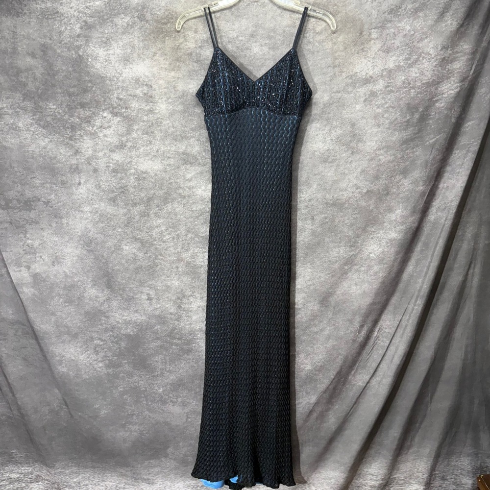 Cache Vintage Y2K Babydoll Slip Maxi Dress Size 6 Black Blue Lace Overlay Beaded